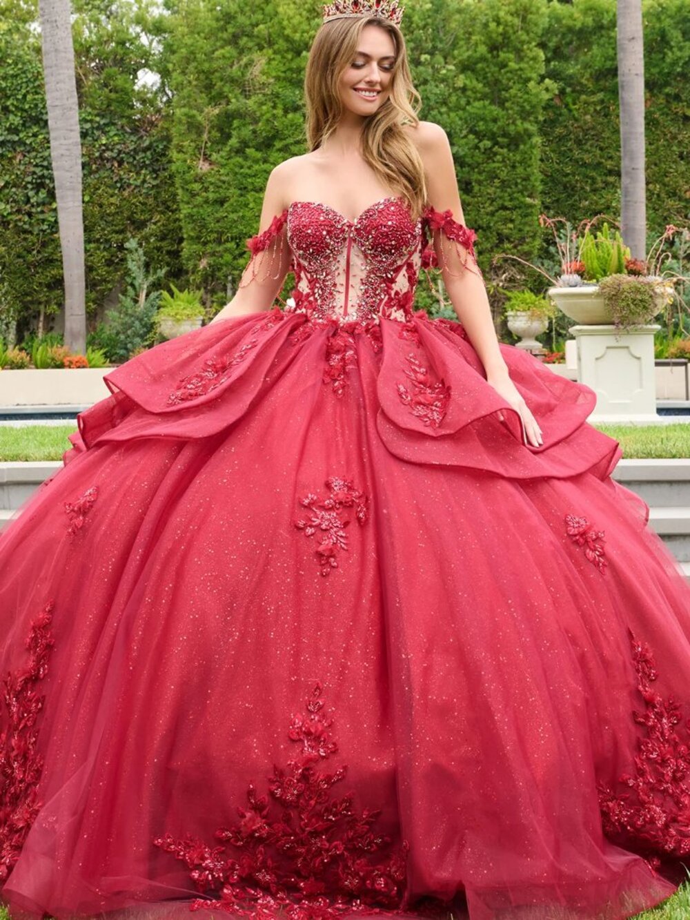NEW BURGUNDY Sequin & Mesh V-Neck Evening Gown With Train GL3676